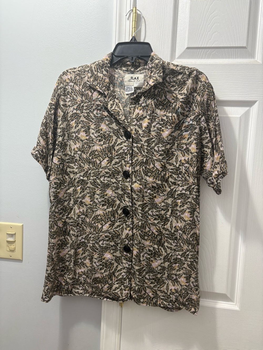 Flax Short Sleeve Button Shirt Botanical Print Size Medium